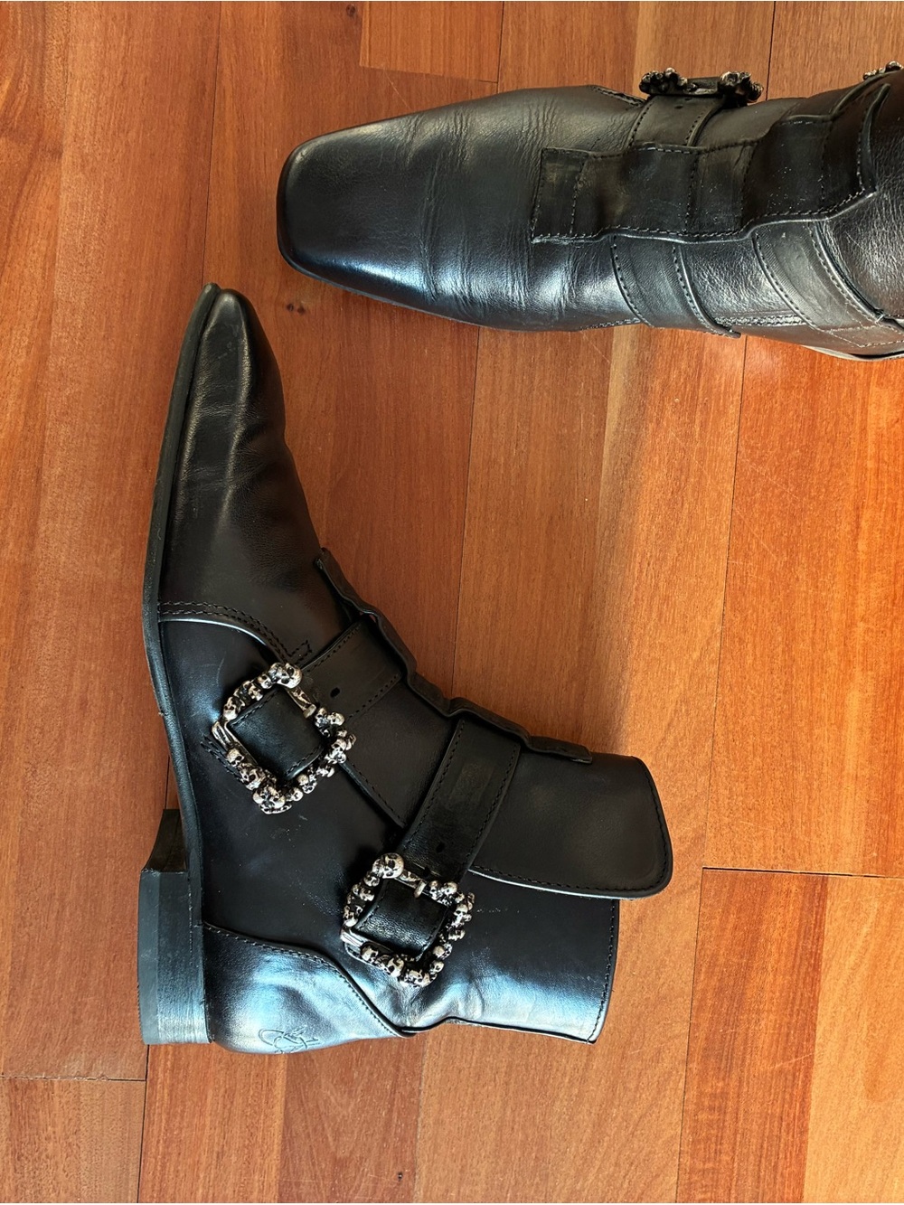 John Fluevog Black Leather Ankle Boots with Skull Buckle Straps - Picture 4 of 8